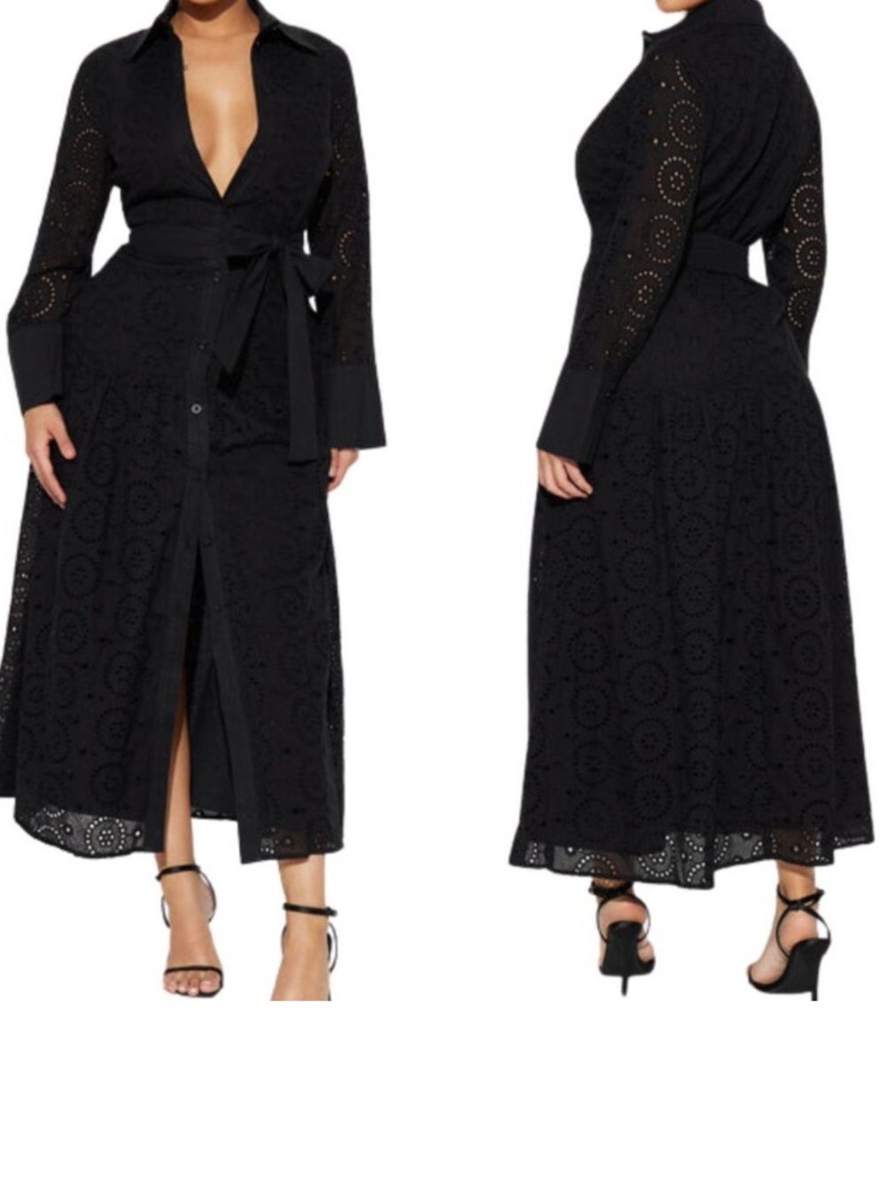 Black Eyelet Shirt Dress with Waist Tie - Picture 2 of 4